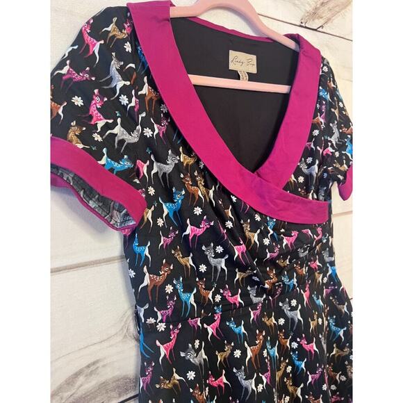 Lindy Bop Dress Women's Black Multi Color Deer Print V-Neck Short Sleeve Midi - Picture 2 of 6